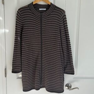 Kari England Nantucket long length full zip cardigan gray stripe semi sheer sz L